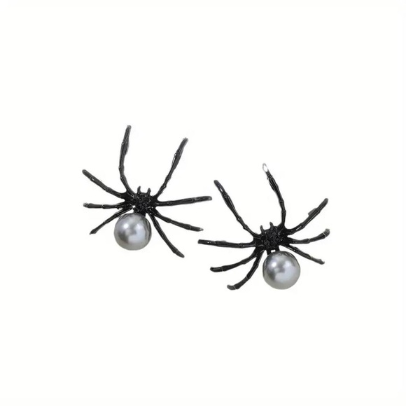Gothic Black/Gray Spider Stud Earrings Faux‎ Pearl Accents Vintage Boho Style - Picture 9 of 9
